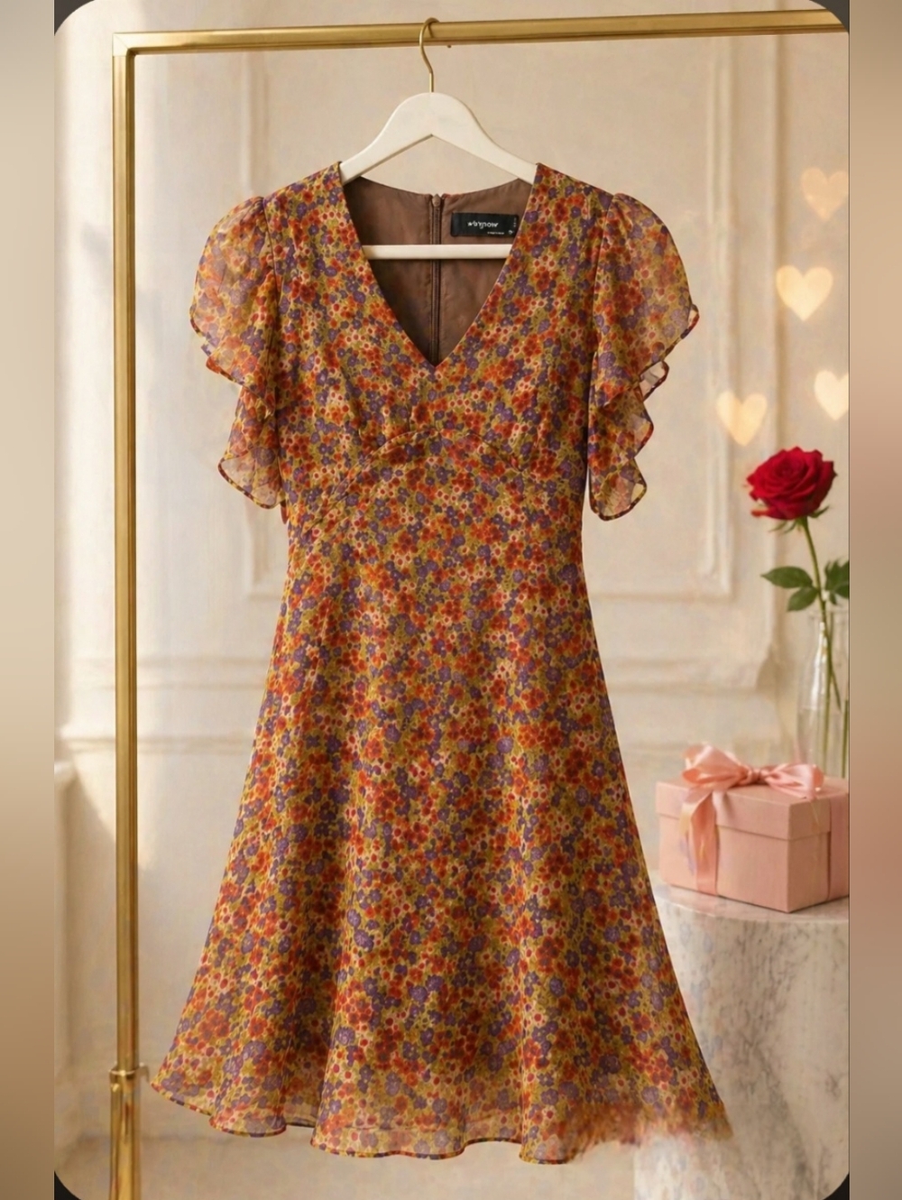 Floral V-Neck Flutter Sleeve Dress in Multicolor